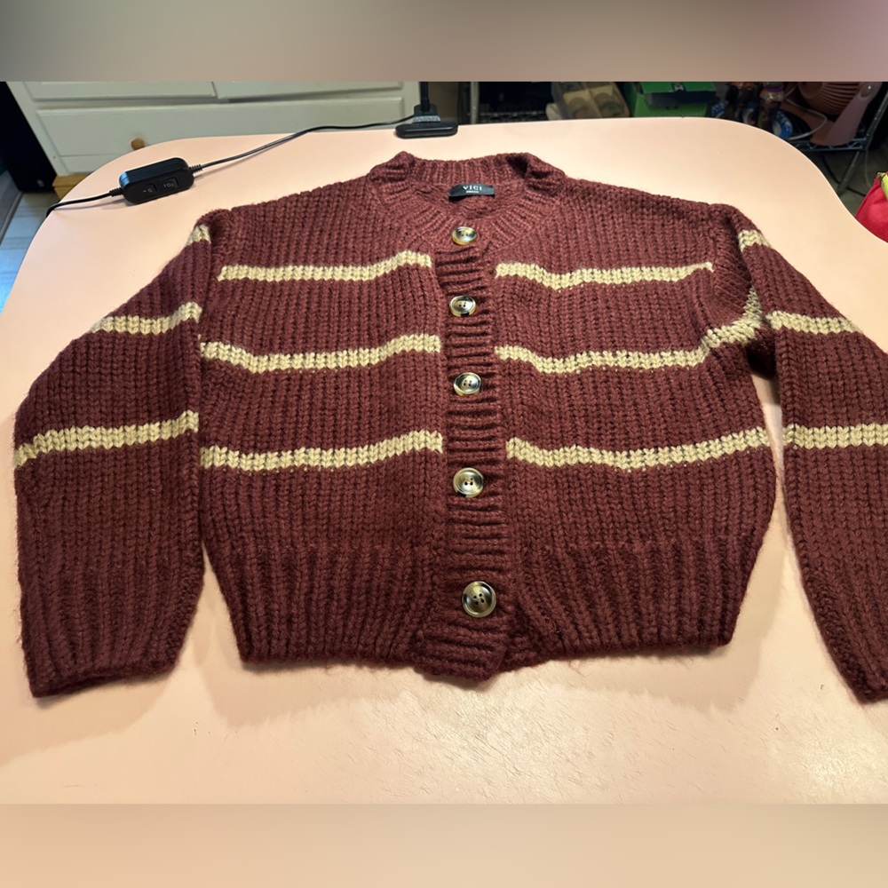 VICI Ribbed Button-Up Cardigan with Cream Stripes